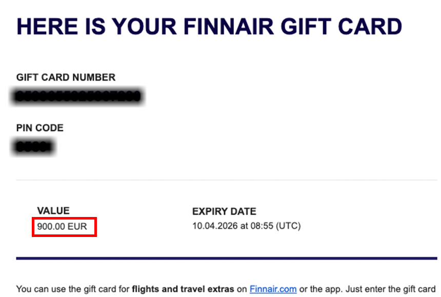 Finnairから受け取った€600相当の補償(ギフトカード画面)